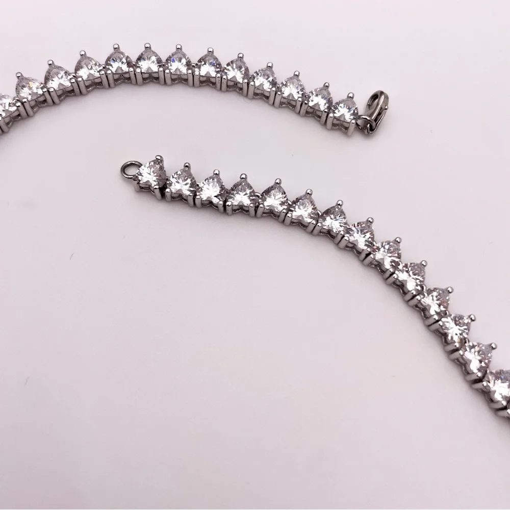 Silver Toned Heart Shaped Cubic Zirconia Tennis Necklace. 22 Inches. - Picture 5 of 13